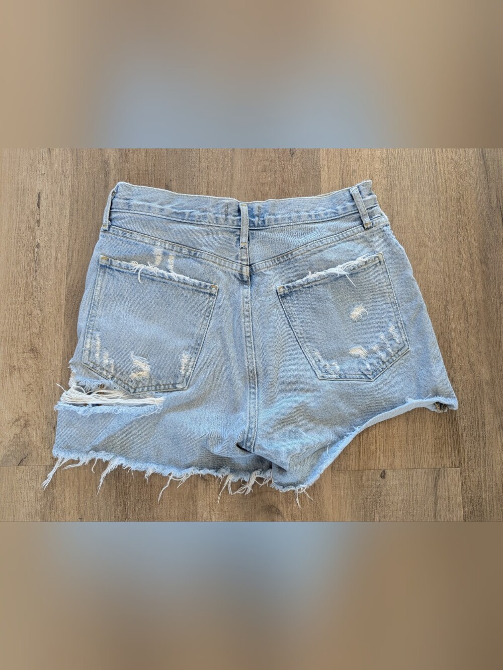 Agolde Light Blue Distressed High-Rise Denim Shorts - Picture 3 of 9